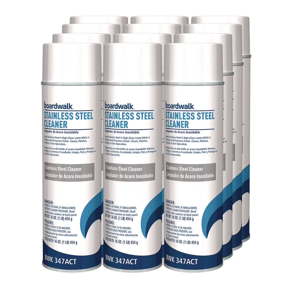 Boardwalk, Stainless Steel Cleaner and Polish, 18 Oz Aerosol Spray, Lemon Scent, 12/Case
