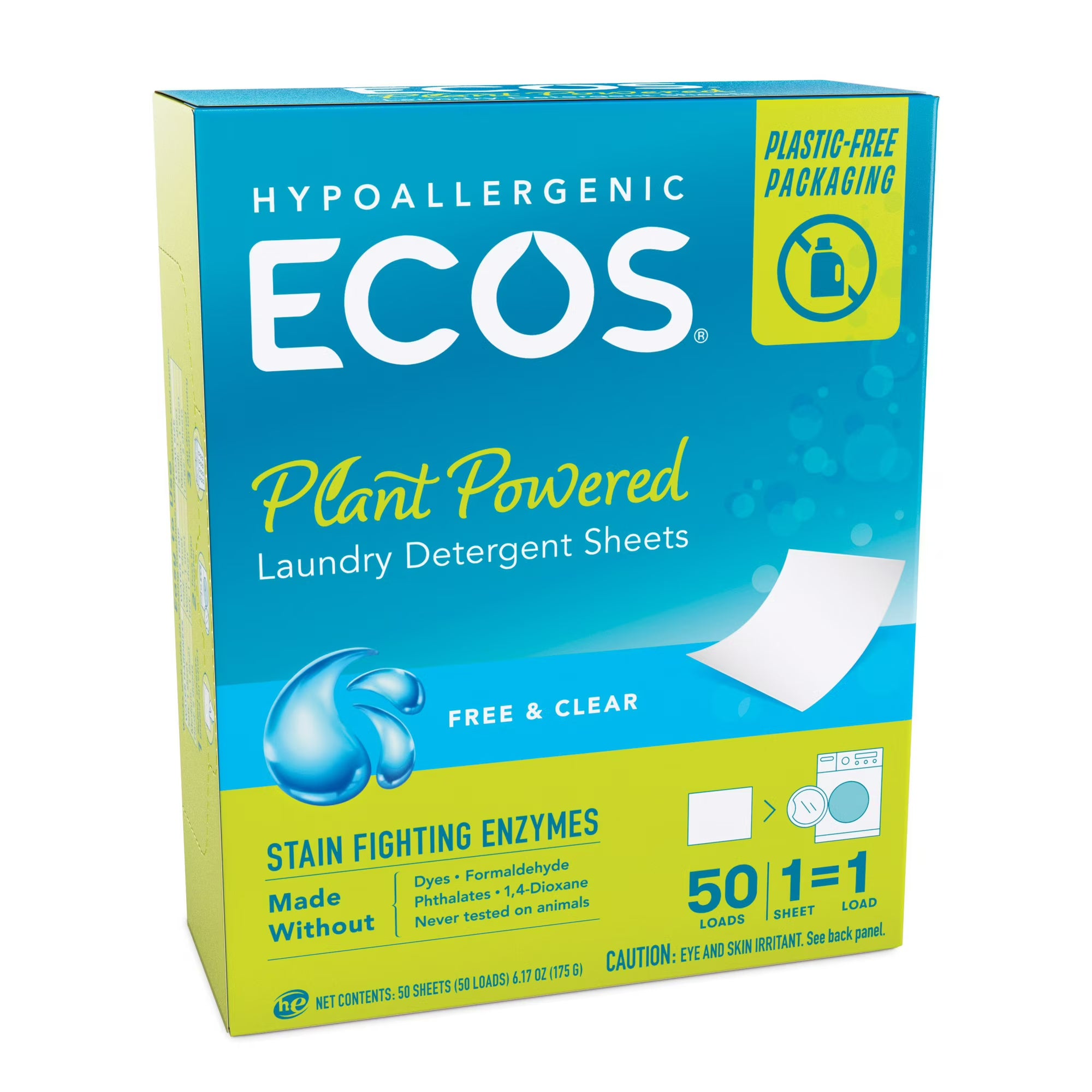 Ecos, Laundry Detergent Sheets, Free and Clear, 50 Sheets/Pack, 10 Packs/Case