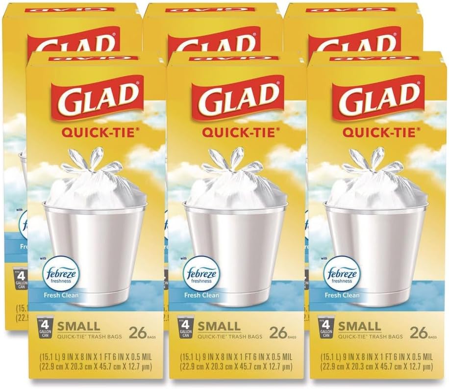 Glad Odorshield, Quick-Tie Trash Bags, 4 Gallon, 26 Rolls/Box, 6 Boxs/Case