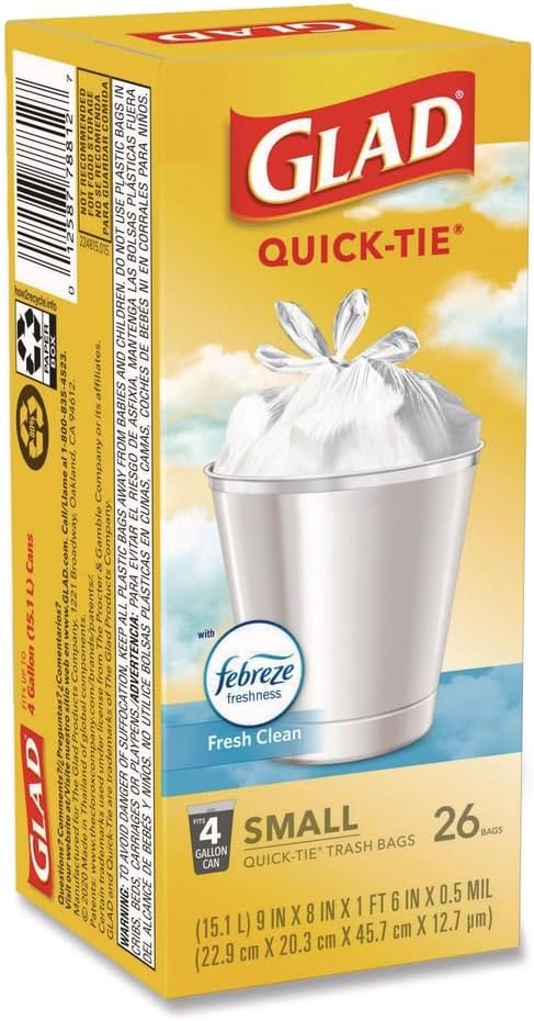 Glad Odorshield, Quick-Tie Trash Bags, 4 Gallon, 26 Rolls/Box, 6 Boxs/Case