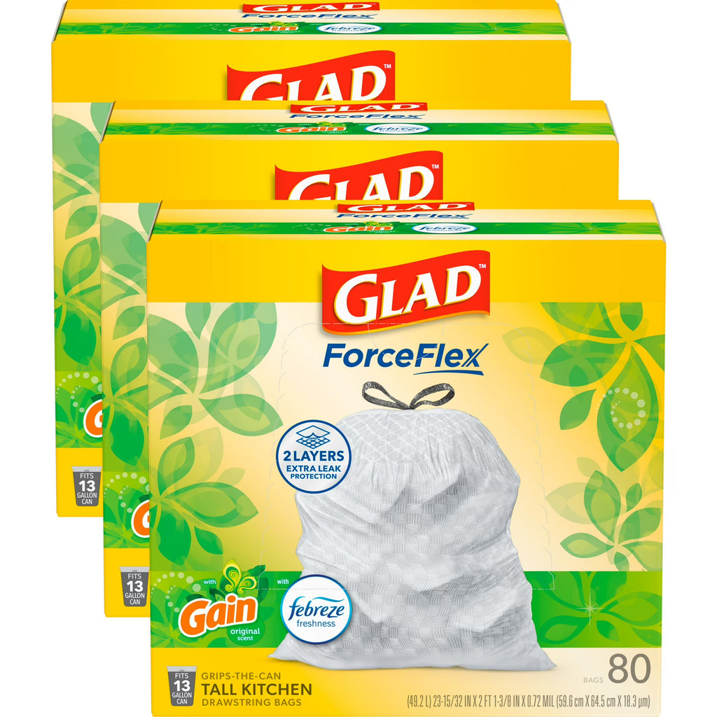 Glad, Trash Bag, OdorShield Tall Kitchen Drawstring, 13 Gallon, 240/Case