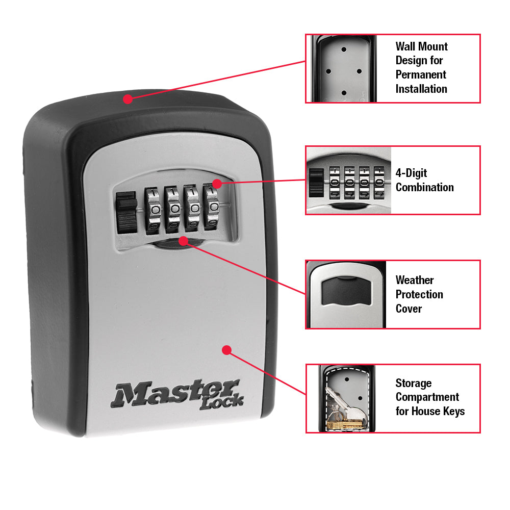 Master Lock, Wall Mount, Locking Combination 5 Key Steel Box