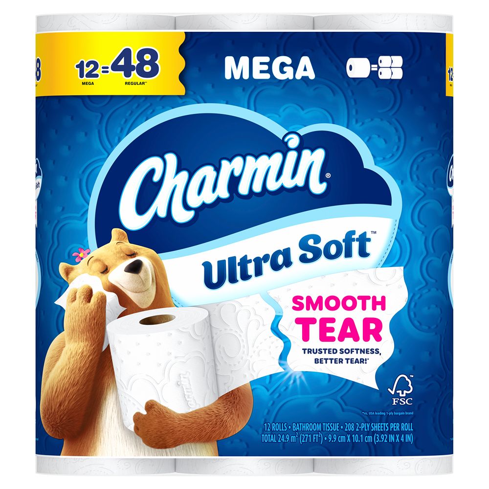 Charmin Ultra Soft Mega Toilet Paper, 2-ply, White, 208 Sheets/Roll, 12 Rolls/Pack