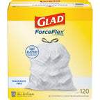 Glad ForceFlex Tall 13 Gallon Drawstring Kitchen Trash Bag, White, 120 Total Bags