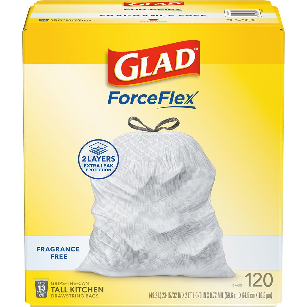 Glad ForceFlex Tall 13 Gallon Drawstring Kitchen Trash Bag, White, 120 Total Bags