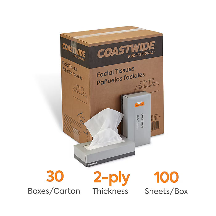 Coastwide Professional™ Facial Tissue, 2-Ply, 100 Sheets/Box, 30 Boxes/Case