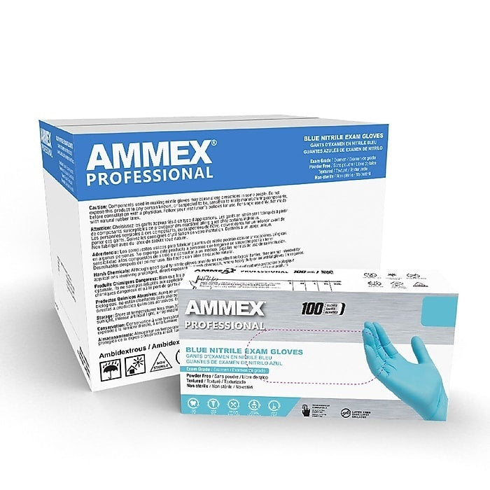 Ammex Professional Series Powder Free Nitrile Exam Gloves, Latex-Free, Large, Blue, 100/Box, 10/Case
