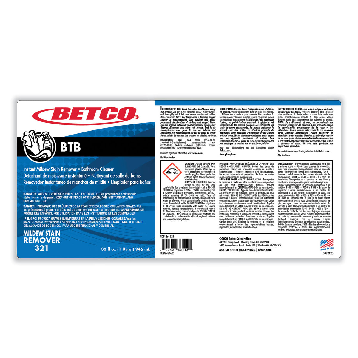 Betco BTB Mildew Stain Remover, Apple Scent, 32 Oz., 12 Bottles/Case