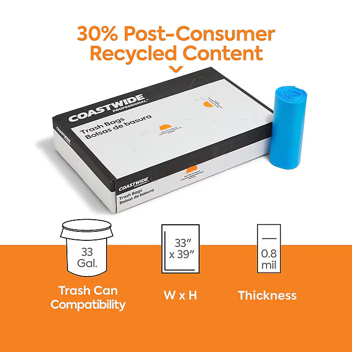 Coastwide Professional™ 33 Gallon Trash Bag with 30% PCR, 33" x 39", Low Density, 0.8 mil, Blue, 200 Bags/Box