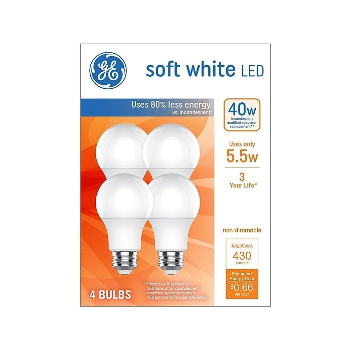 GE, Soft White LED General-Purpose Bulb, 40W Replacement (5.5W), 4/Pack