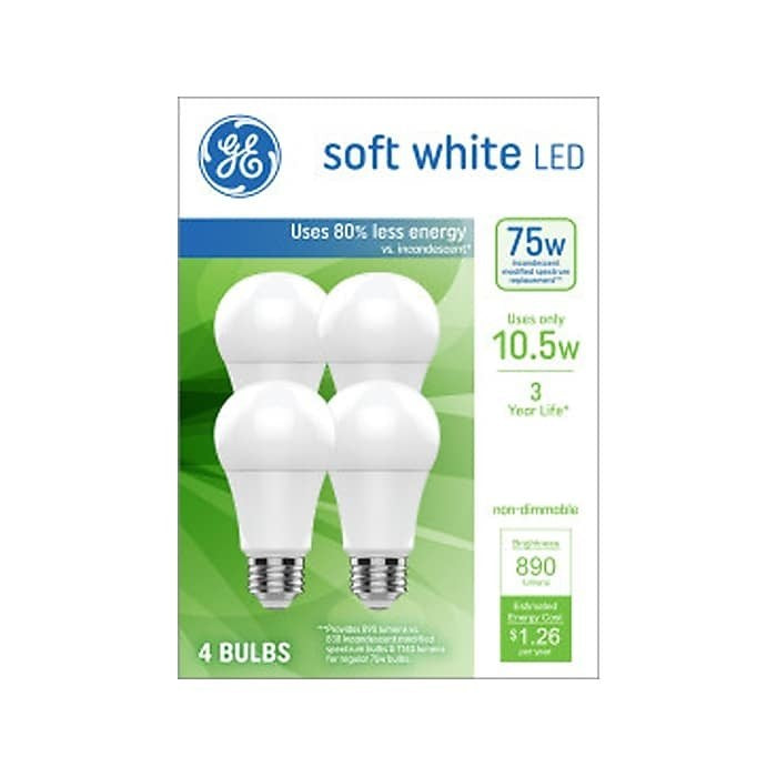 GE, Soft White LED General-Purpose Bulb, 75W Replacement (10.5W), 4/Pack