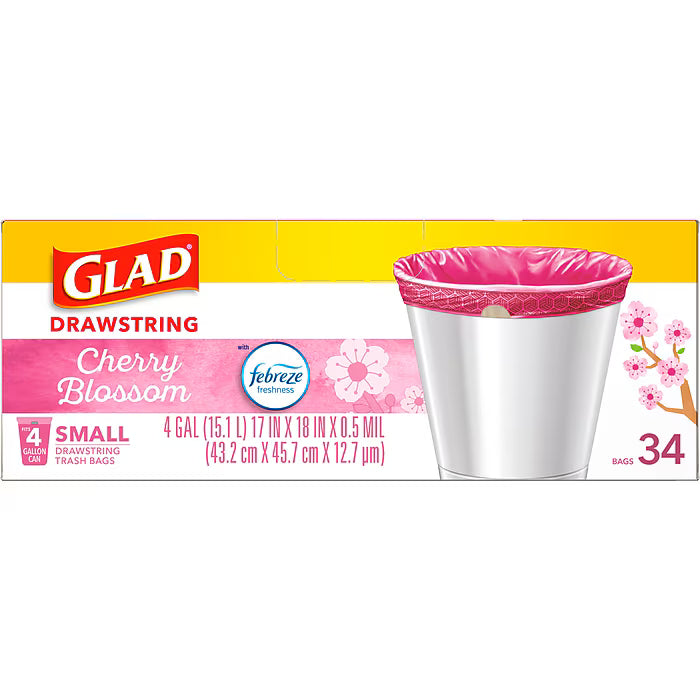 Glad OdorShield 4 Gallon Scented Trash Bag, Low Density, Cherry Blossom Scent, Pink, 34 Bags/Box