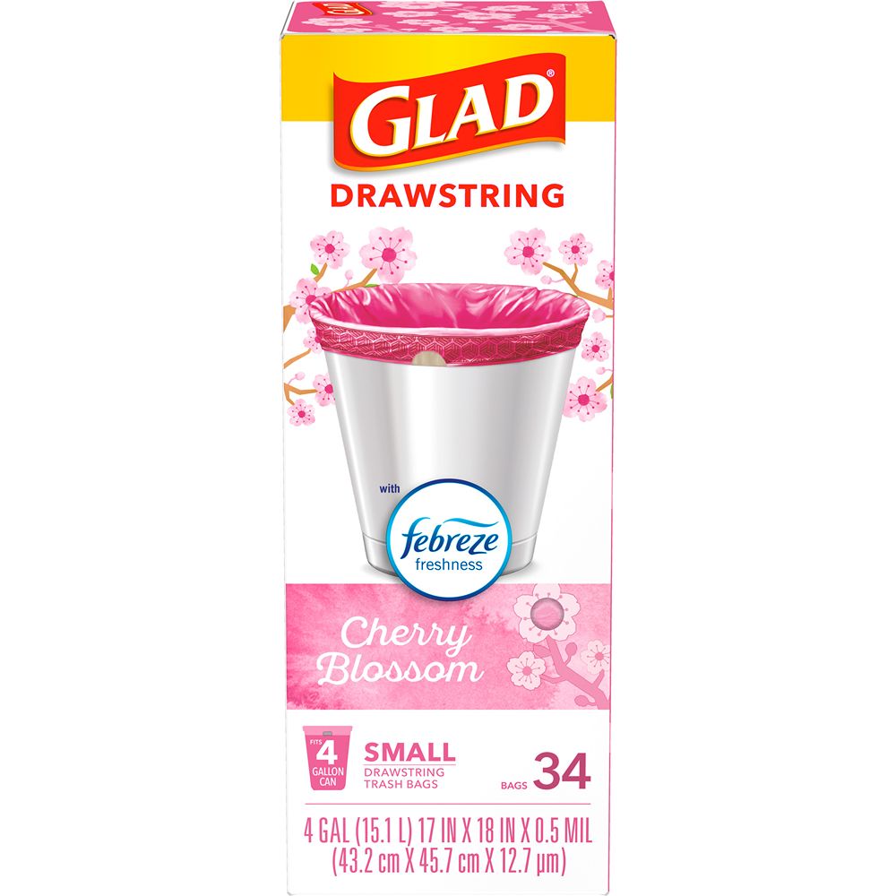 Glad OdorShield 4 Gallon Scented Trash Bag, Low Density, Cherry Blossom Scent, Pink, 34 Bags/Box