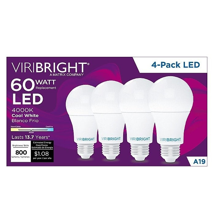 Viribright, Cool White LED Household Bulb, 60W Replacement (9W), 4/Pack