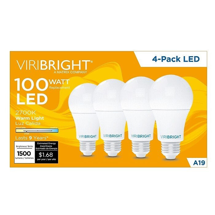 Viribright, Warm White LED Household Bulb, 100W Replacement (14W), 4/Pack