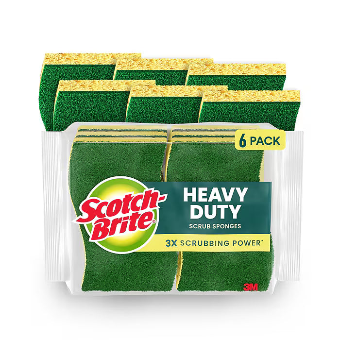 Scotch-Brite Heavy Duty Sponge with Scrubber, Green/Yellow, 6/Pack