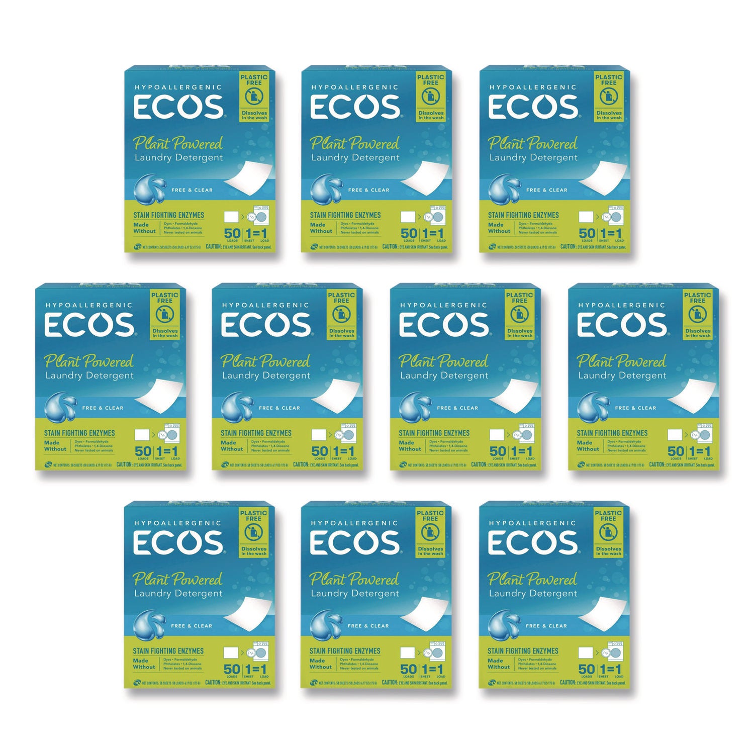 Ecos, Laundry Detergent Sheets, Free and Clear, 50 Sheets/Pack, 10 Packs/Case