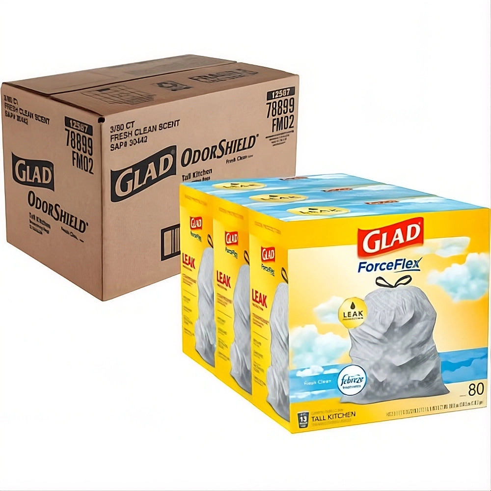 Glad Forceflex, Drawstring Trash Bags, 13 Gallon, Fresh Scent, 240/Case