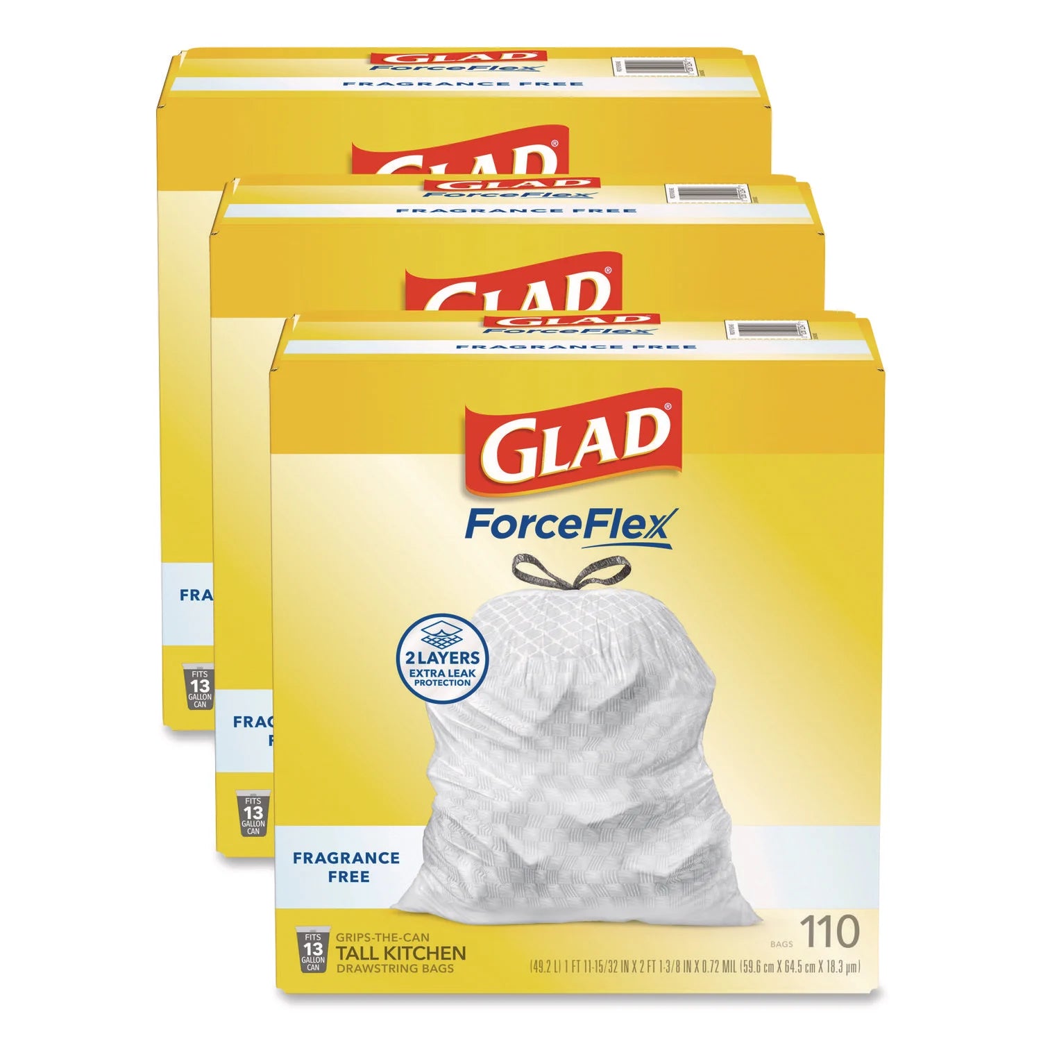Glad Forceflex, Drawstring Trash Bags, 13 Gallon, 330 Rolls/Case