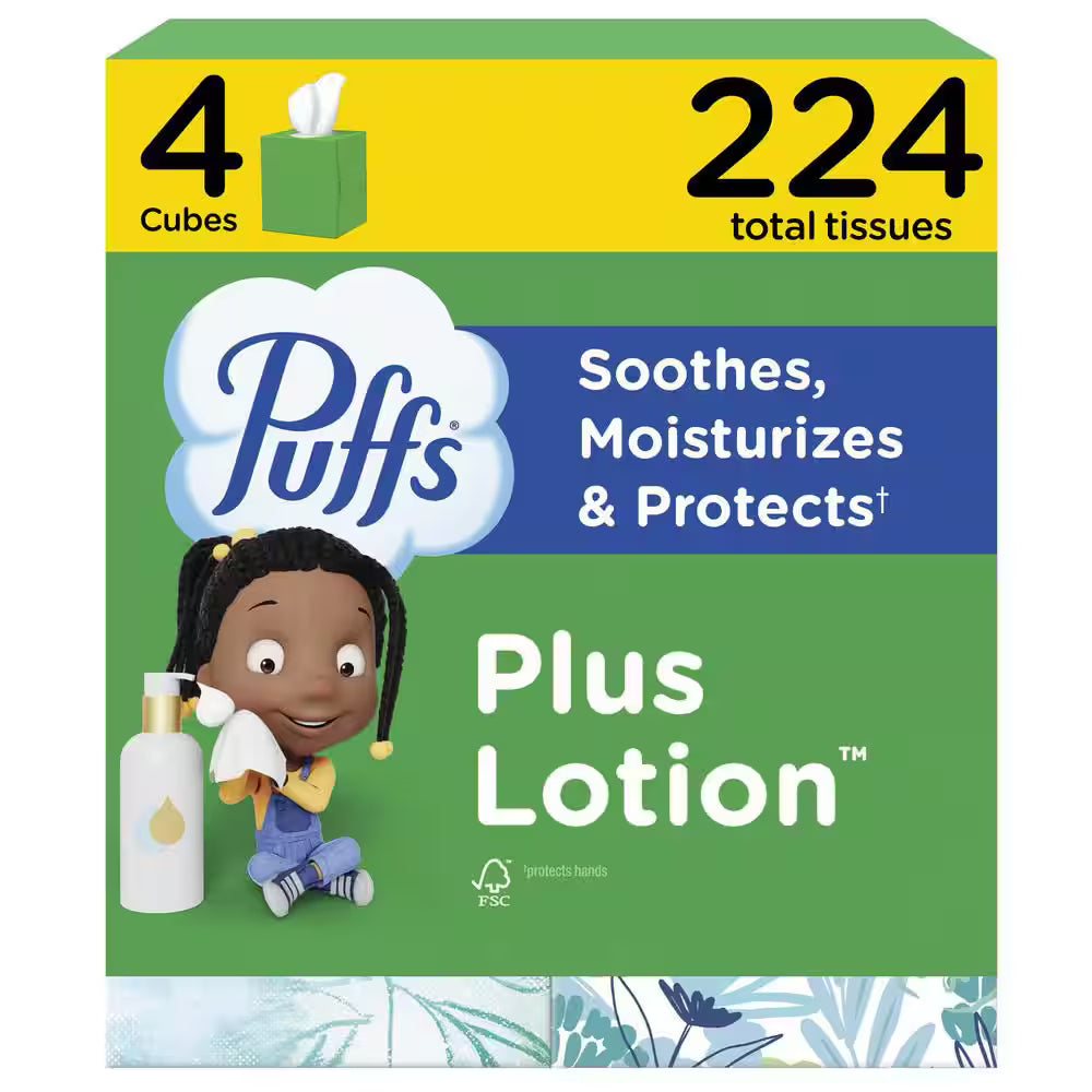 Puffs Plus Lotion Facial Tissue, 2-ply, 56 Tissues/Box, 4 Boxes/Pack