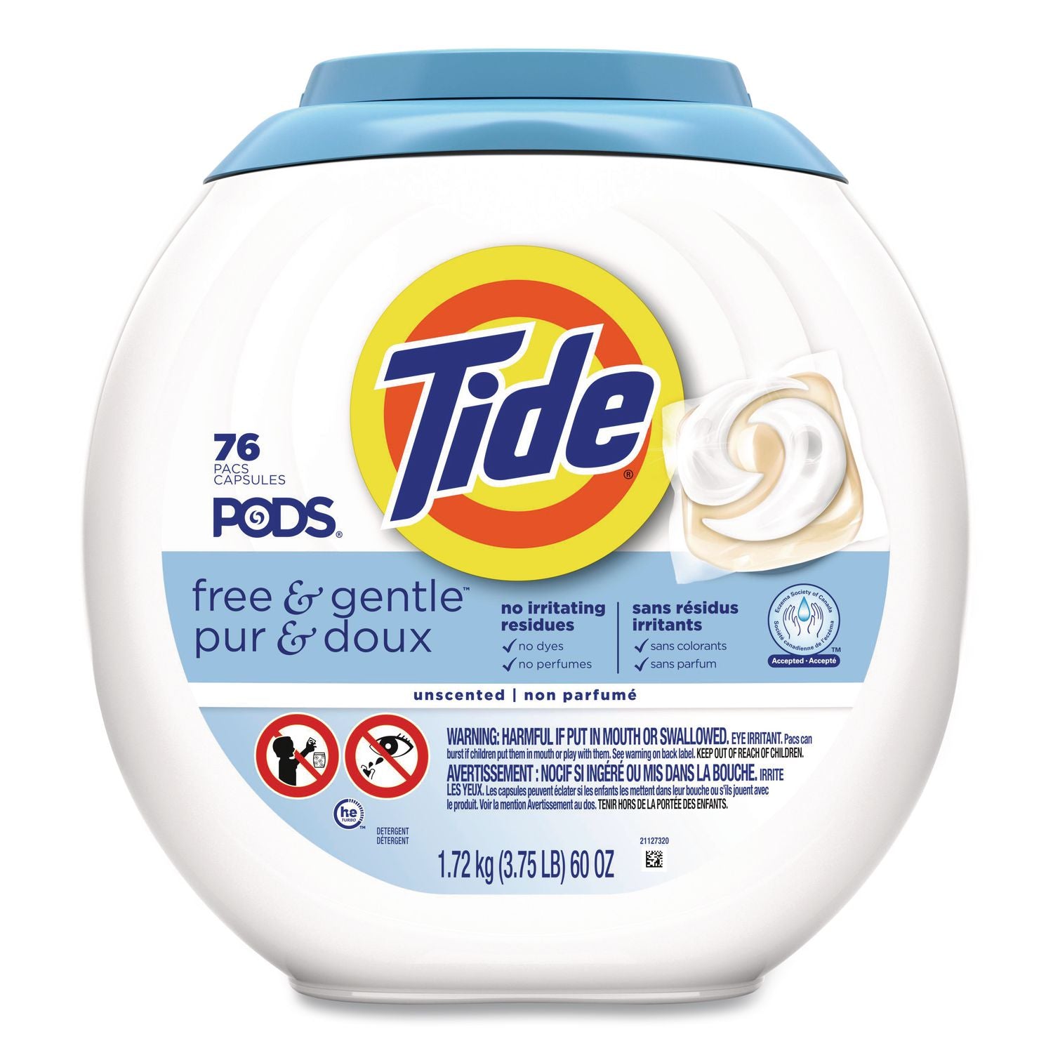 Tide® PODS Laundry Detergent, HE Compatible, Free and Gentle, 56 oz Tub, 76 Pacs/Tub